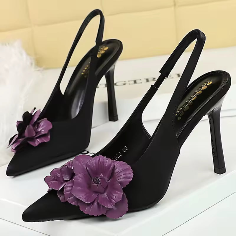 Flowers Silks Satins Blocked Hollow Out Hook Strap Stiletto High Heels Pumps