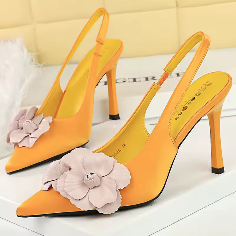 Flowers Silks Satins Blocked Hollow Out Hook Strap Stiletto High Heels Pumps