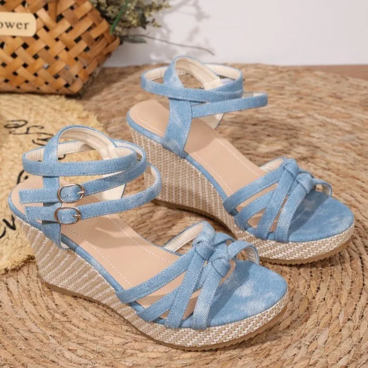 Formal Bow Mixed Colors Wedges Platform High Heels Denim Sandals