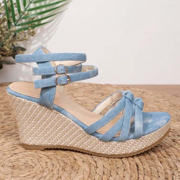 Formal Bow Mixed Colors Wedges Platform High Heels Denim Sandals