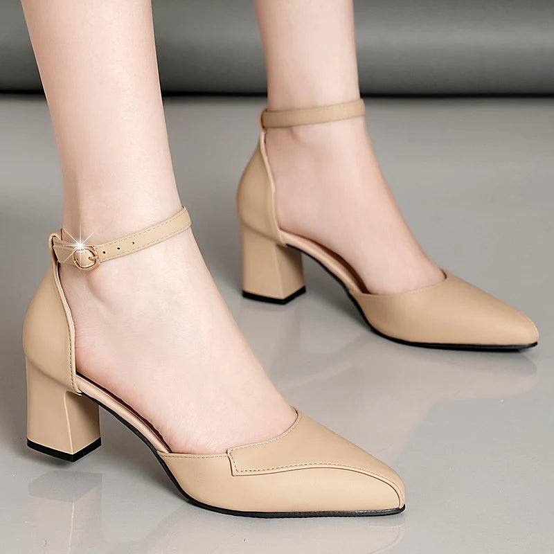 Formal Comfortable Solid Color Pointed Toe Buckle Thick High-heeled