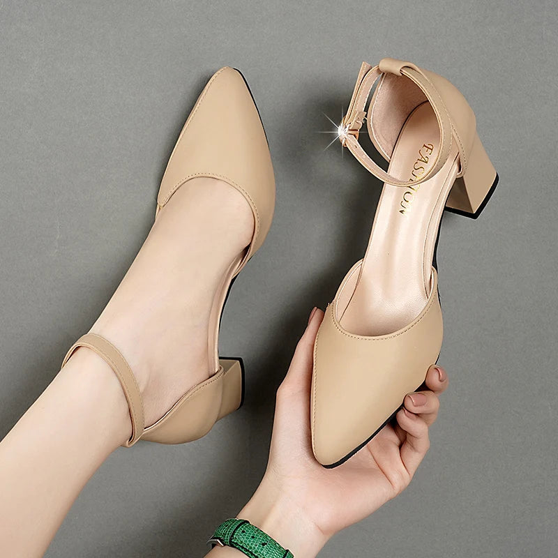 Formal Comfortable Solid Color Pointed Toe Buckle Thick High-heeled