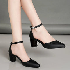 Formal Comfortable Solid Color Pointed Toe Buckle Thick High-heeled