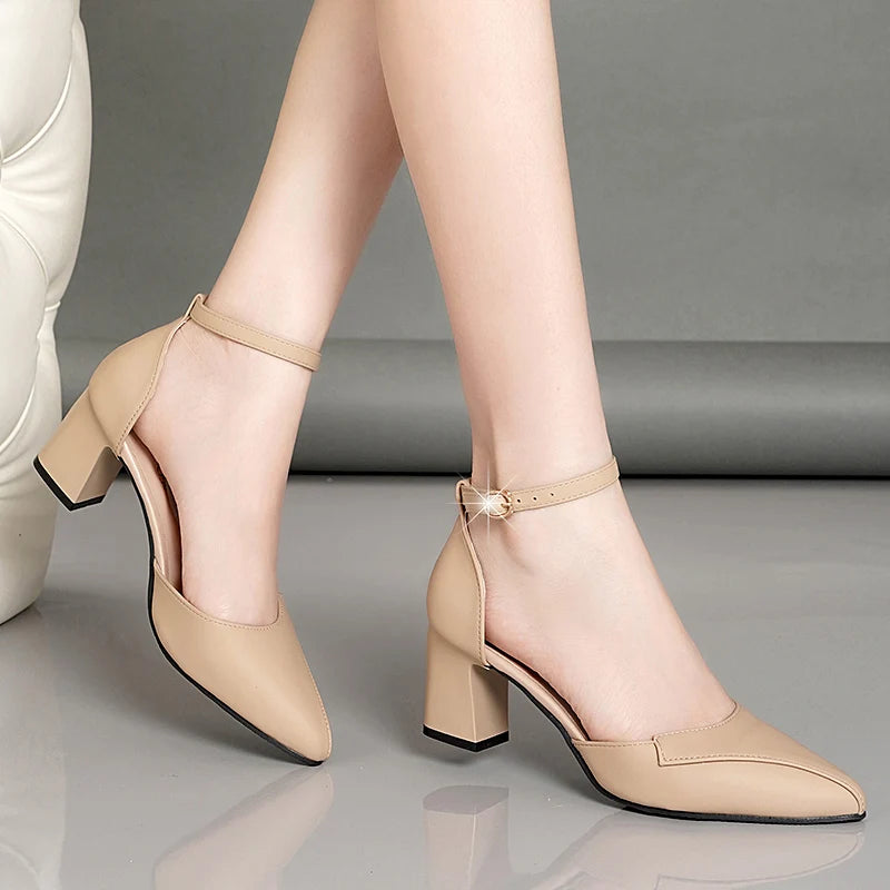 Formal Comfortable Solid Color Pointed Toe Buckle Thick High-heeled