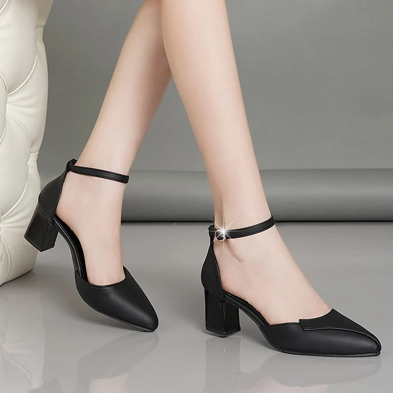 Formal Comfortable Solid Color Pointed Toe Buckle Thick High-heeled