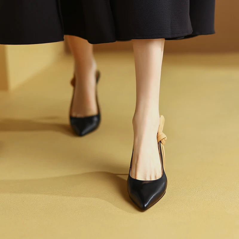 Formal Genuine Leather Knot Pointed Toe Thin High Heel Sandals