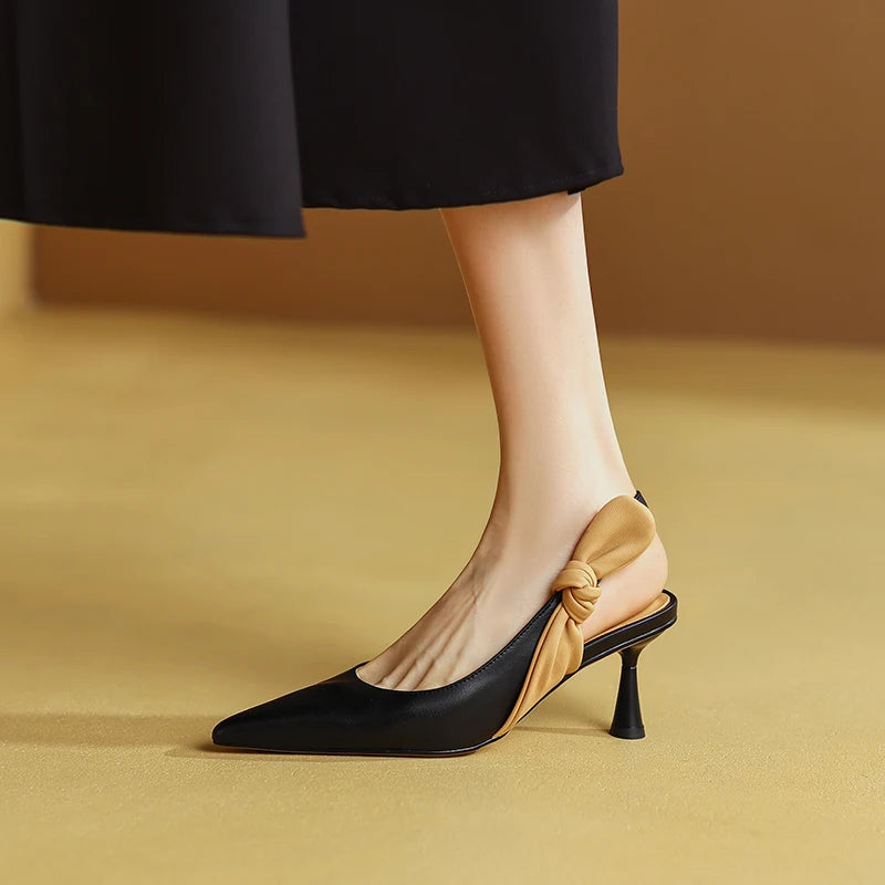 Formal Genuine Leather Knot Pointed Toe Thin High Heel Sandals