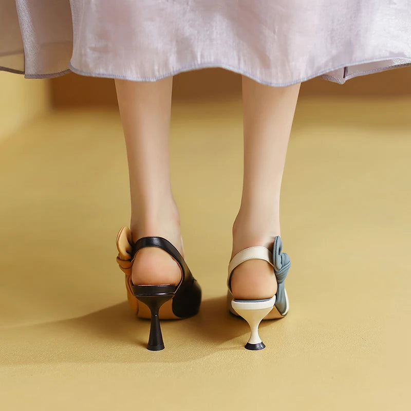 Formal Genuine Leather Knot Pointed Toe Thin High Heel Sandals