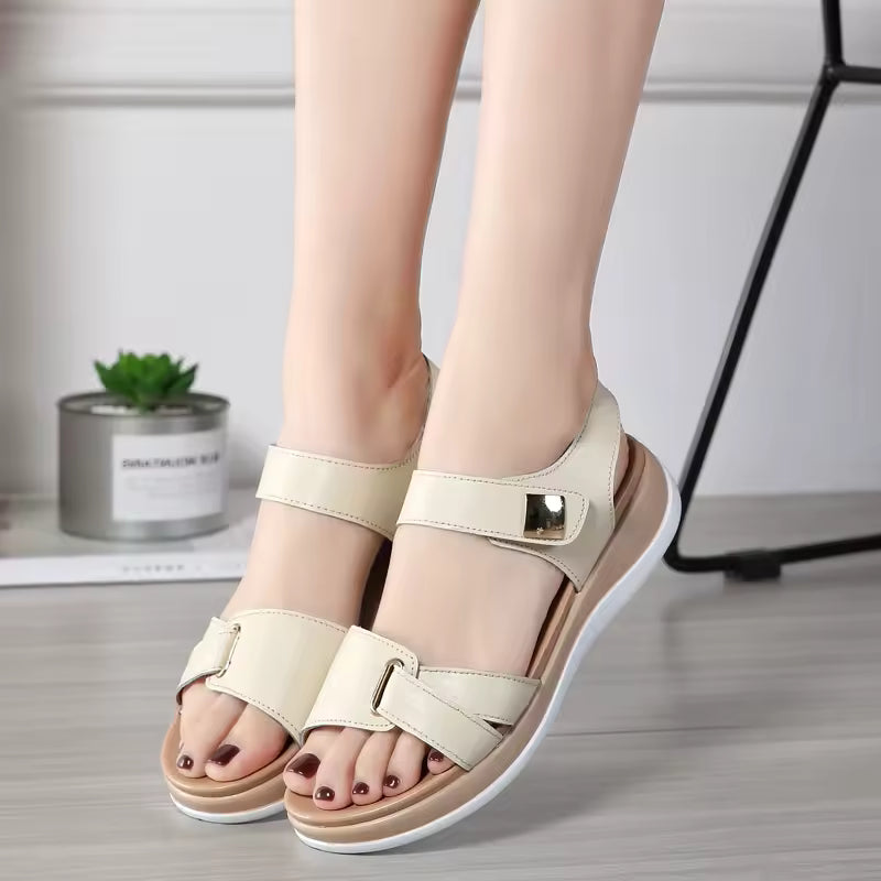 Formal Genuine Leather Soft Hook Loop Beach Style Flats Sandals