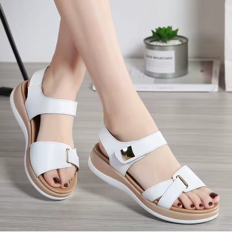 Formal Genuine Leather Soft Hook Loop Beach Style Flats Sandals