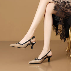 Formal Genuine Leather Thick Heeled Metal Pointed Toe Pumps Sandals