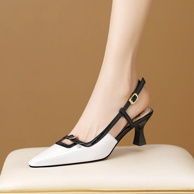 Formal Genuine Leather Thick Heeled Metal Pointed Toe Pumps Sandals