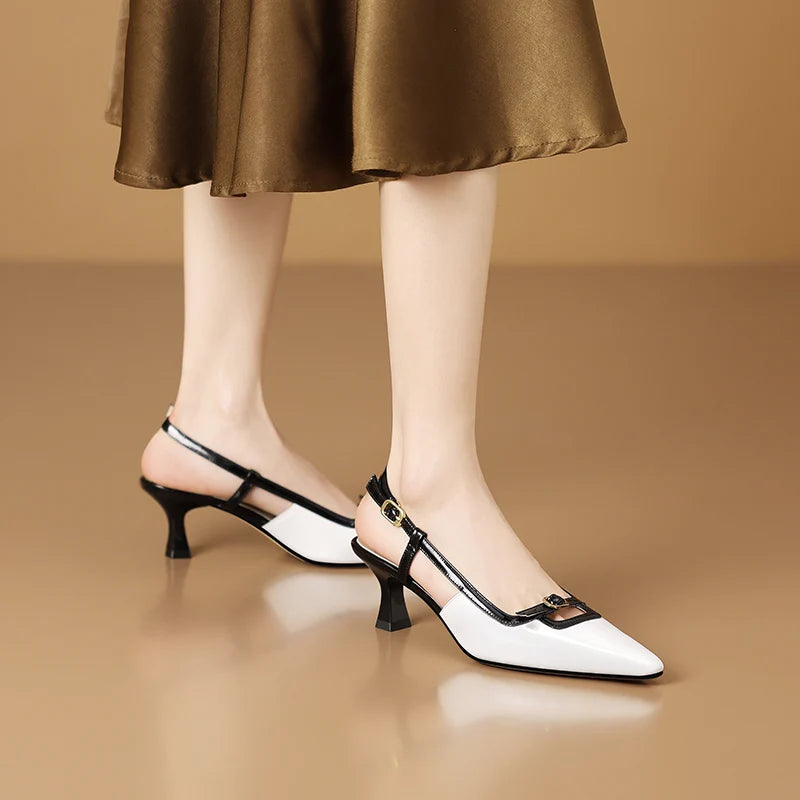 Formal Genuine Leather Thick Heeled Metal Pointed Toe Pumps Sandals