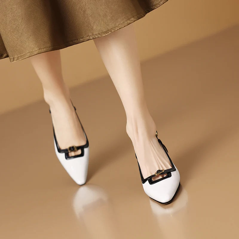 Formal Genuine Leather Thick Heeled Metal Pointed Toe Pumps Sandals
