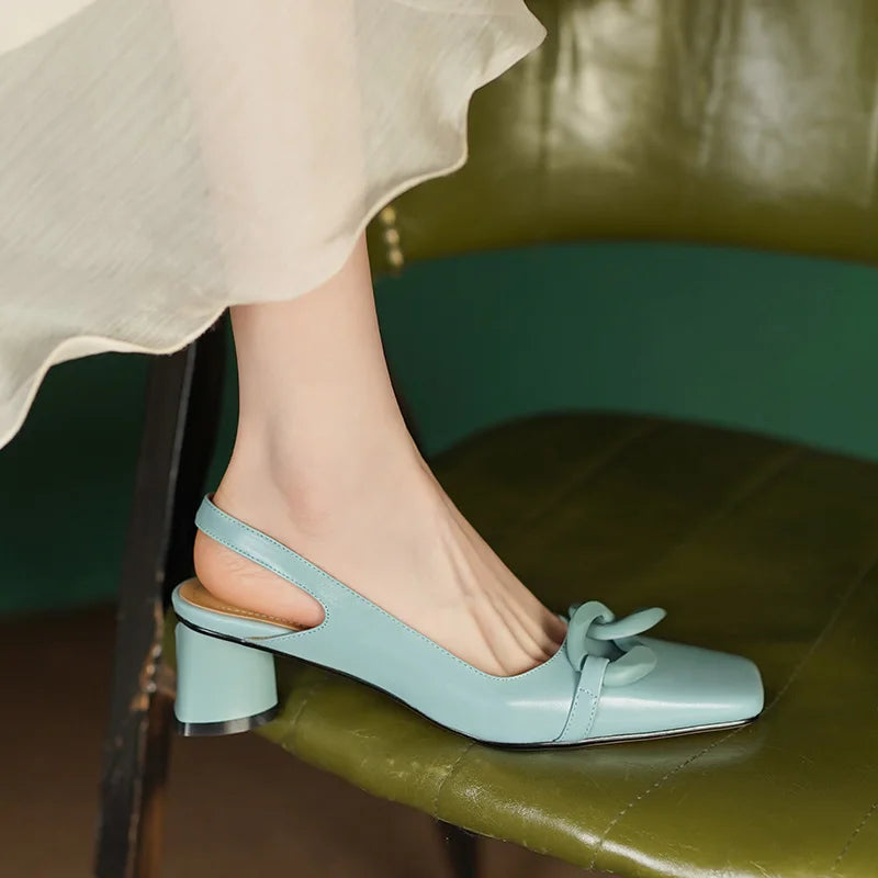 Formal Genuine Personality Leather Buckle Square Toe Thick Sandals