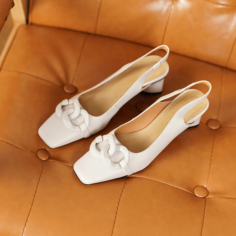 Formal Genuine Personality Leather Buckle Square Toe Thick Sandals