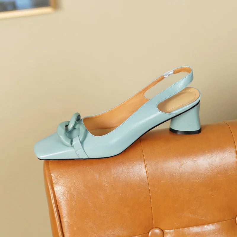 Formal Genuine Personality Leather Buckle Square Toe Thick Sandals