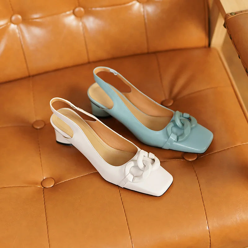 Formal Genuine Personality Leather Buckle Square Toe Thick Sandals