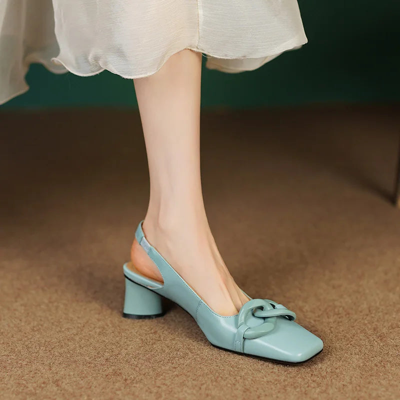 Formal Genuine Personality Leather Buckle Square Toe Thick Sandals