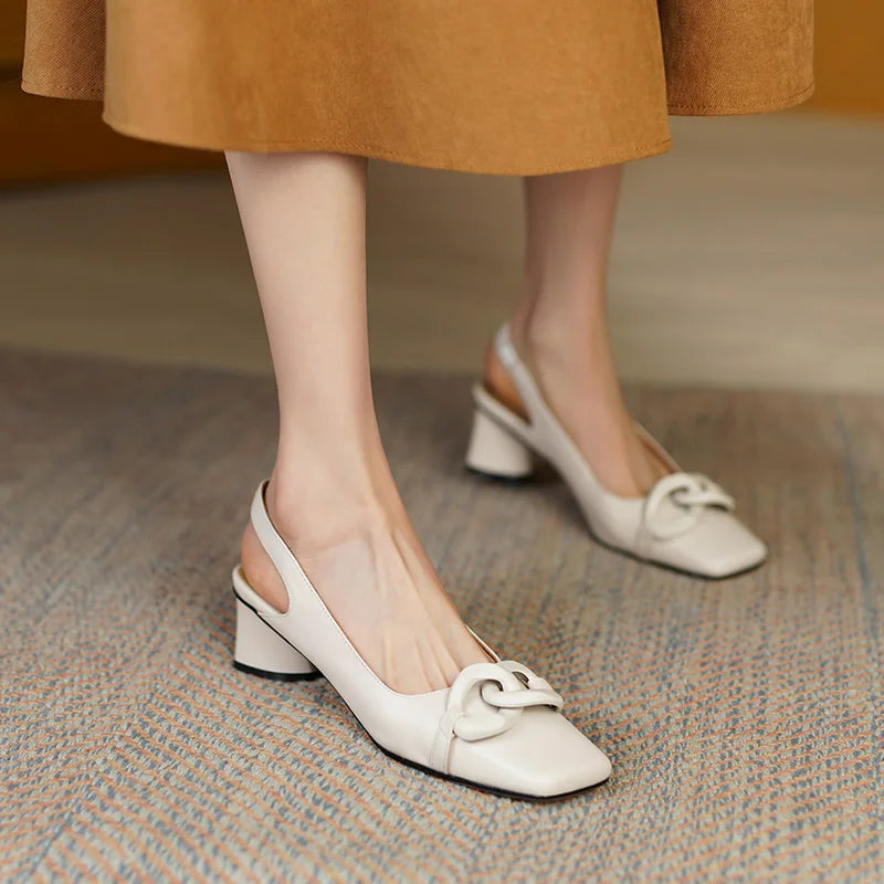 Formal Genuine Personality Leather Buckle Square Toe Thick Sandals