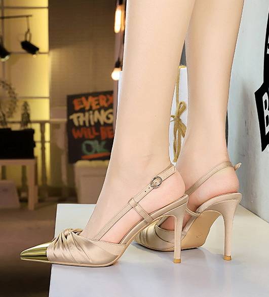 Formal Metal Pointed Tip Hollow Out Buckle Strap Stiletto Satin Bow High Heels