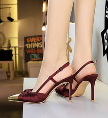 Formal Metal Pointed Tip Hollow Out Buckle Strap Stiletto Satin Bow High Heels