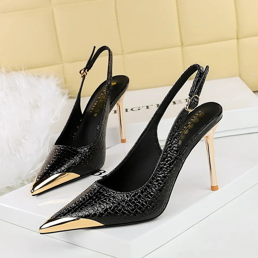 Formal Occasion Stiletto Metal Chain Patchwork High Heels Sandals