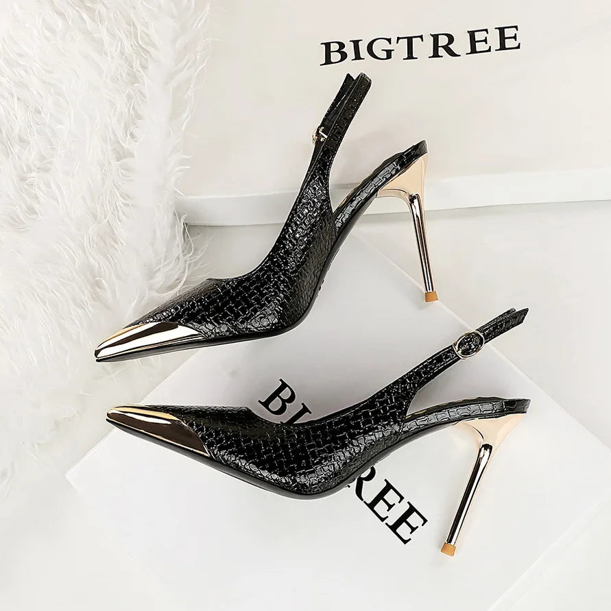 Formal Occasion Stiletto Metal Chain Patchwork High Heels Sandals