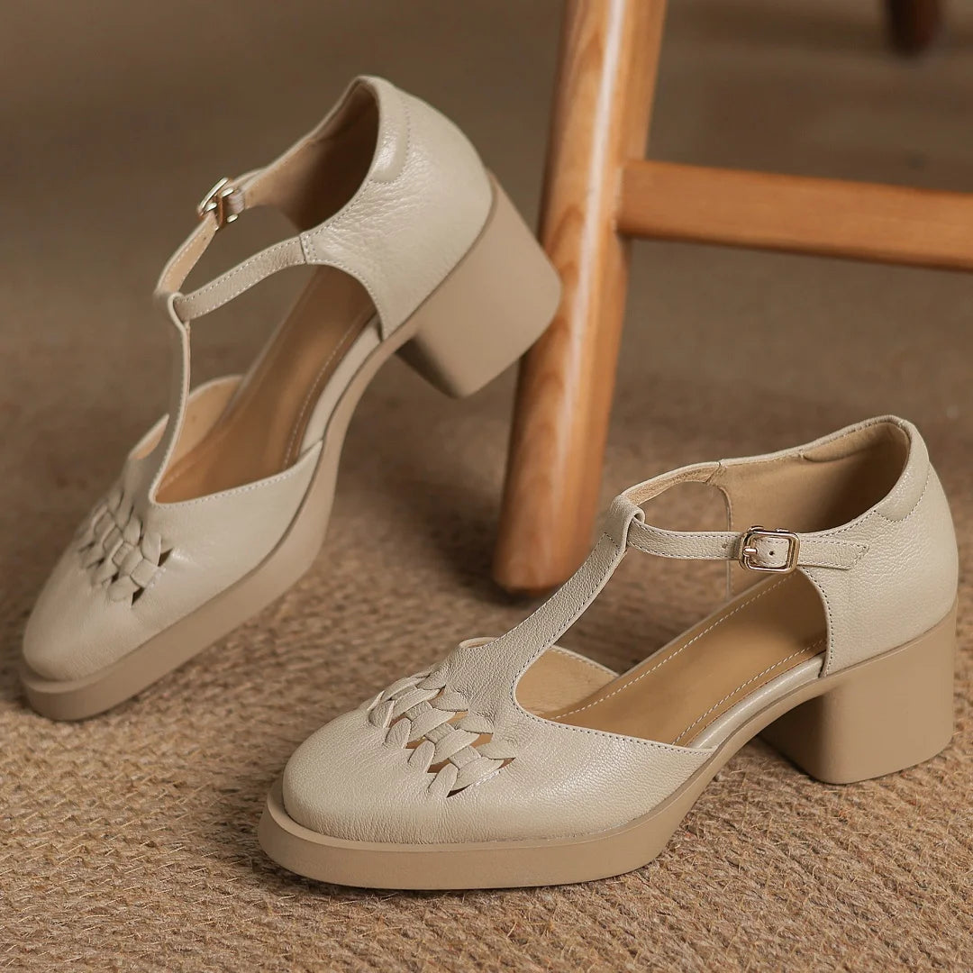 Elegant Sheepskin Narrow Band Braided T-strap Chunky Heel Platform Sandals