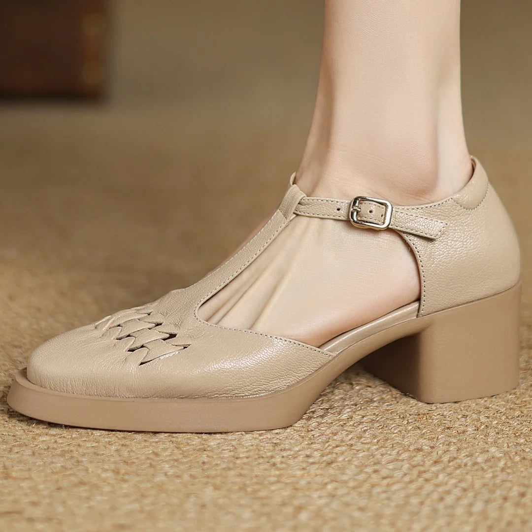 Elegant Sheepskin Narrow Band Braided T-strap Chunky Heel Platform Sandals