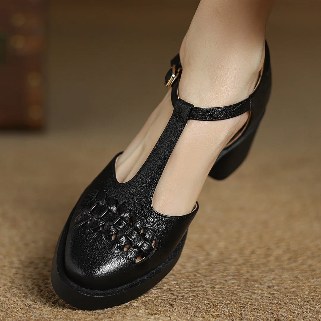 Elegant Sheepskin Narrow Band Braided T-strap Chunky Heel Platform Sandals