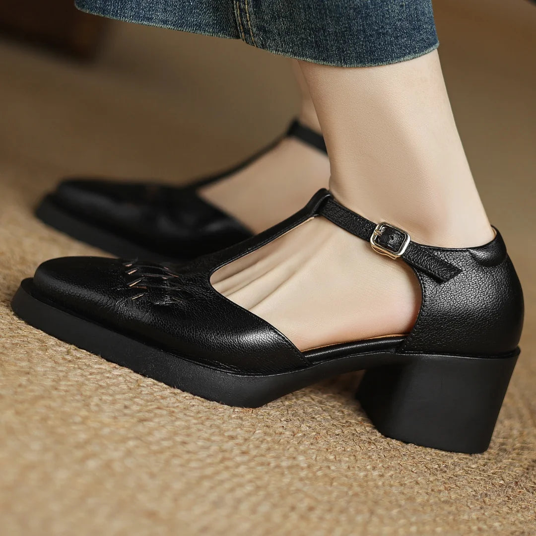 Elegant Sheepskin Narrow Band Braided T-strap Chunky Heel Platform Sandals