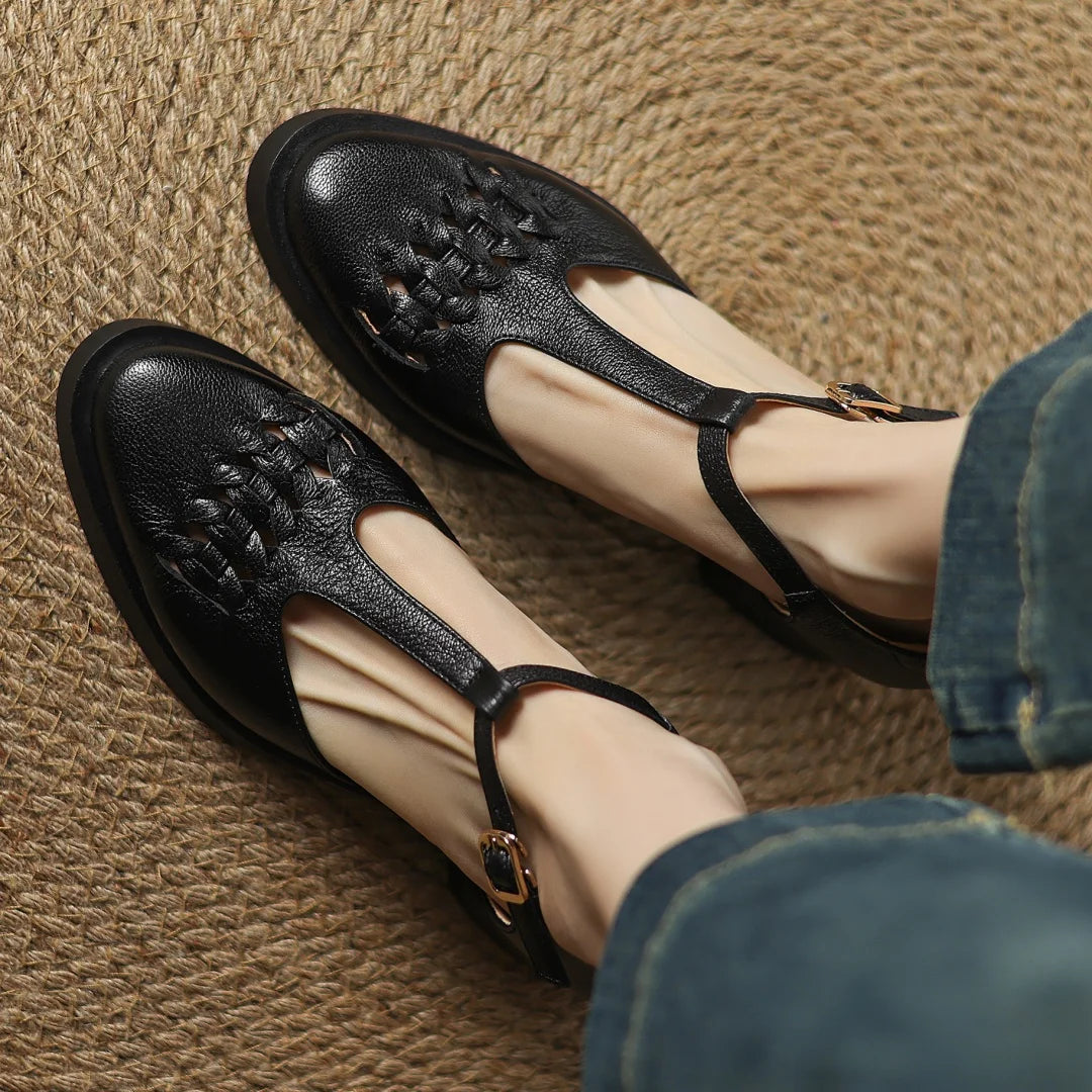 Elegant Sheepskin Narrow Band Braided T-strap Chunky Heel Platform Sandals