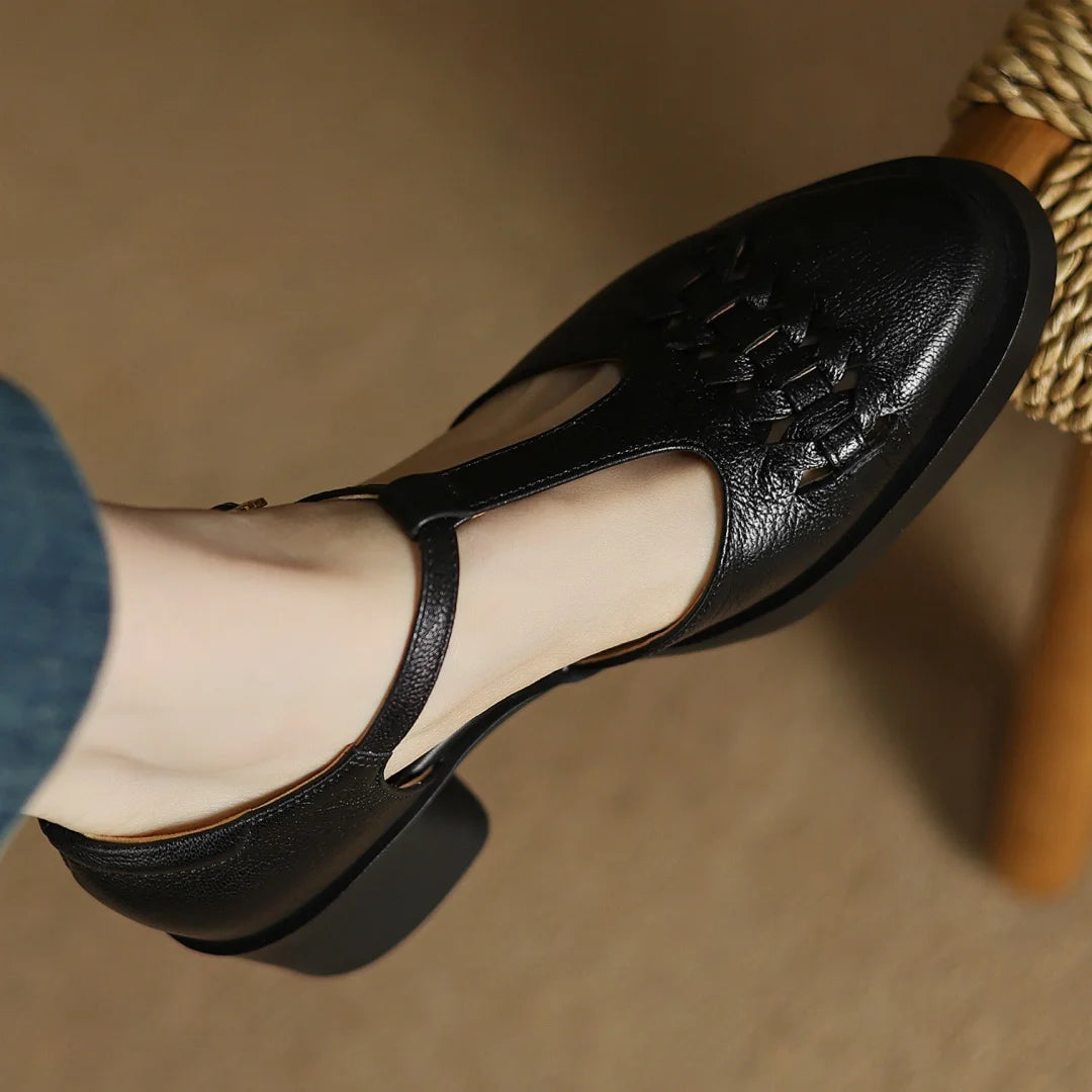 Elegant Sheepskin Narrow Band Braided T-strap Chunky Heel Platform Sandals