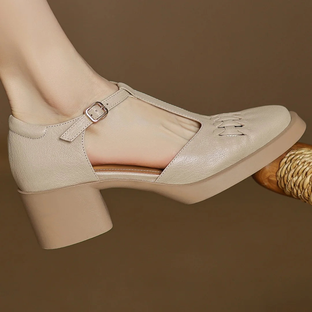 Elegant Sheepskin Narrow Band Braided T-strap Chunky Heel Platform Sandals