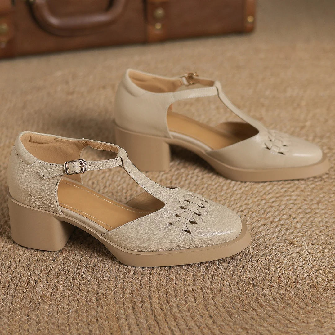 Elegant Sheepskin Narrow Band Braided T-strap Chunky Heel Platform Sandals