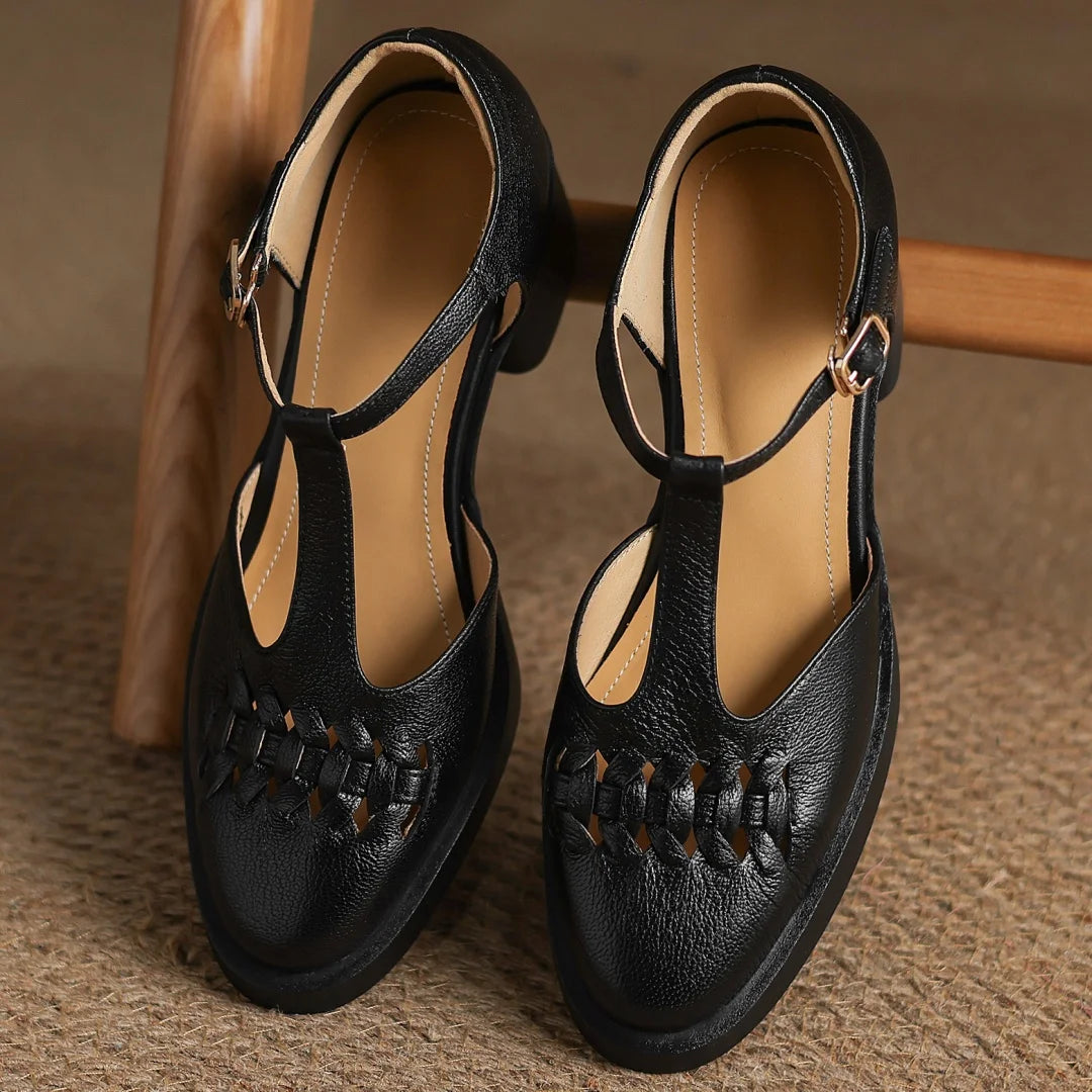 Elegant Sheepskin Narrow Band Braided T-strap Chunky Heel Platform Sandals