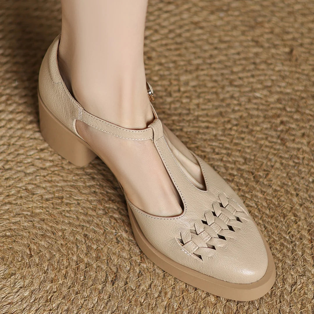Elegant Sheepskin Narrow Band Braided T-strap Chunky Heel Platform Sandals
