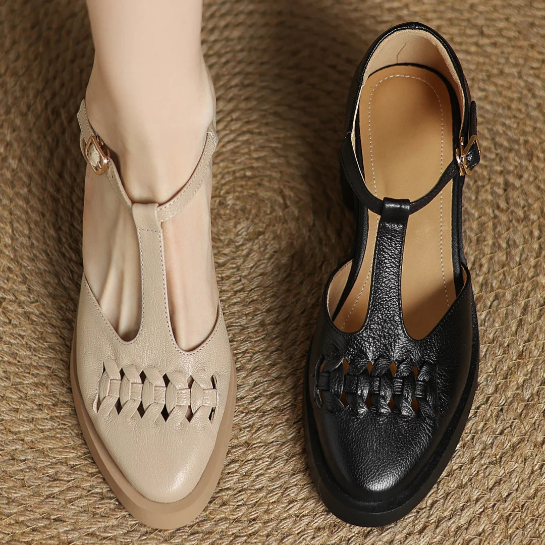 Elegant Sheepskin Narrow Band Braided T-strap Chunky Heel Platform Sandals