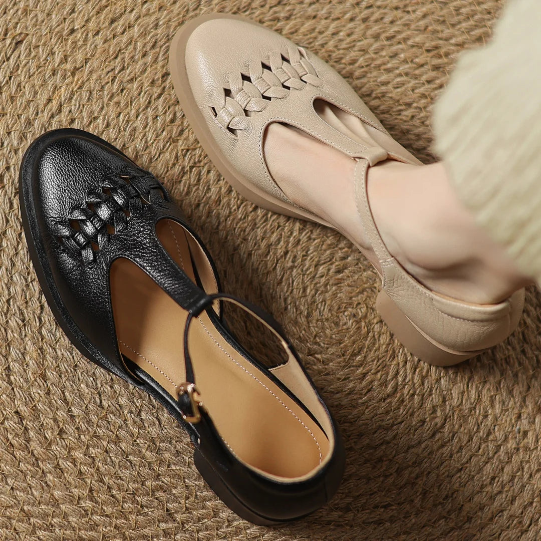 Elegant Sheepskin Narrow Band Braided T-strap Chunky Heel Platform Sandals