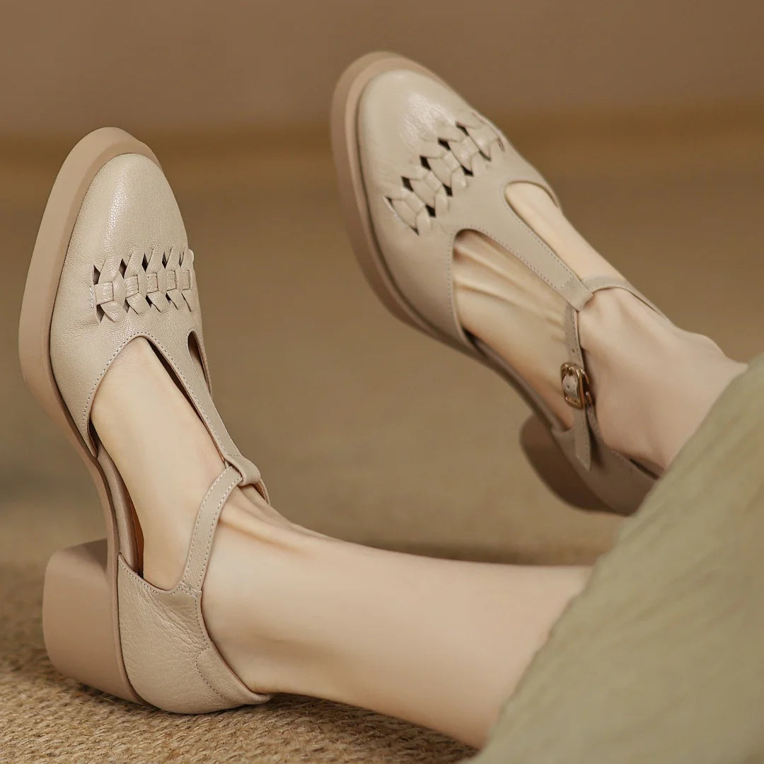 Elegant Sheepskin Narrow Band Braided T-strap Chunky Heel Platform Sandals