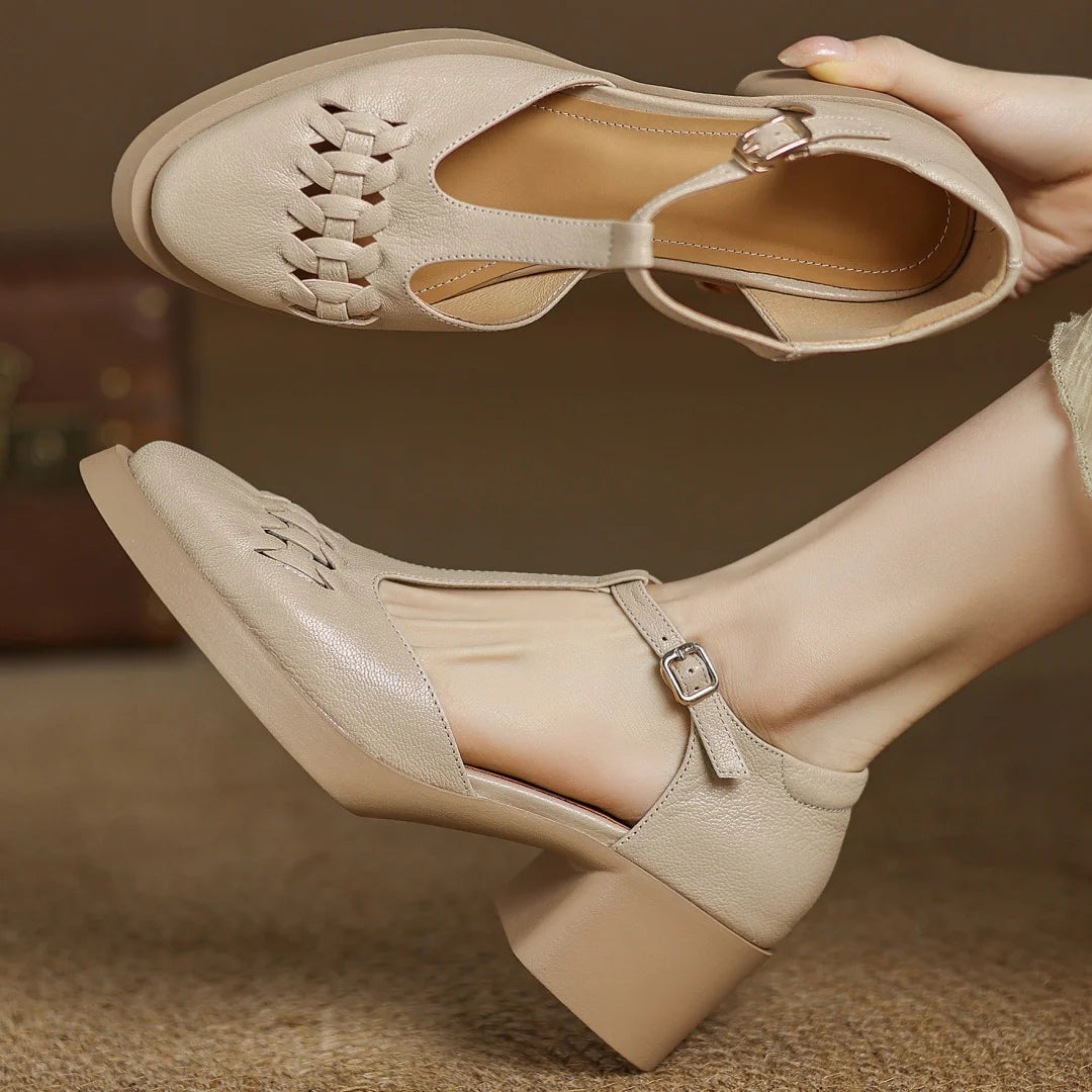 Elegant Sheepskin Narrow Band Braided T-strap Chunky Heel Platform Sandals