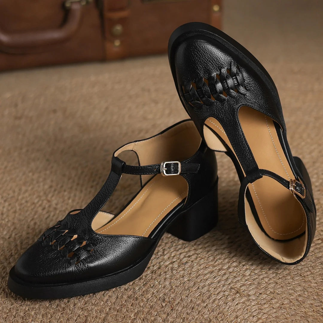 Elegant Sheepskin Narrow Band Braided T-strap Chunky Heel Platform Sandals