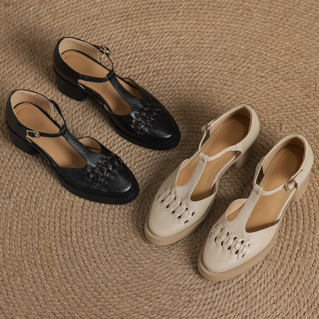 Elegant Sheepskin Narrow Band Braided T-strap Chunky Heel Platform Sandals