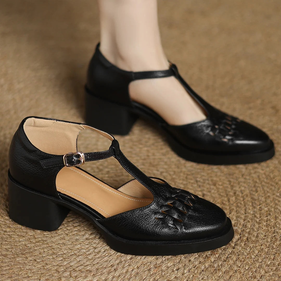 Elegant Sheepskin Narrow Band Braided T-strap Chunky Heel Platform Sandals