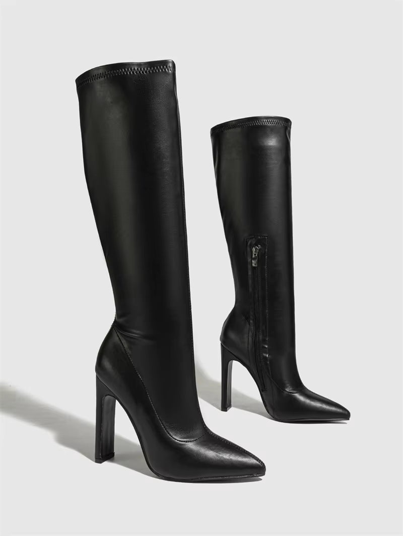 Formal Zip Cozy Leather Square Pointed Toe Knee High Boots