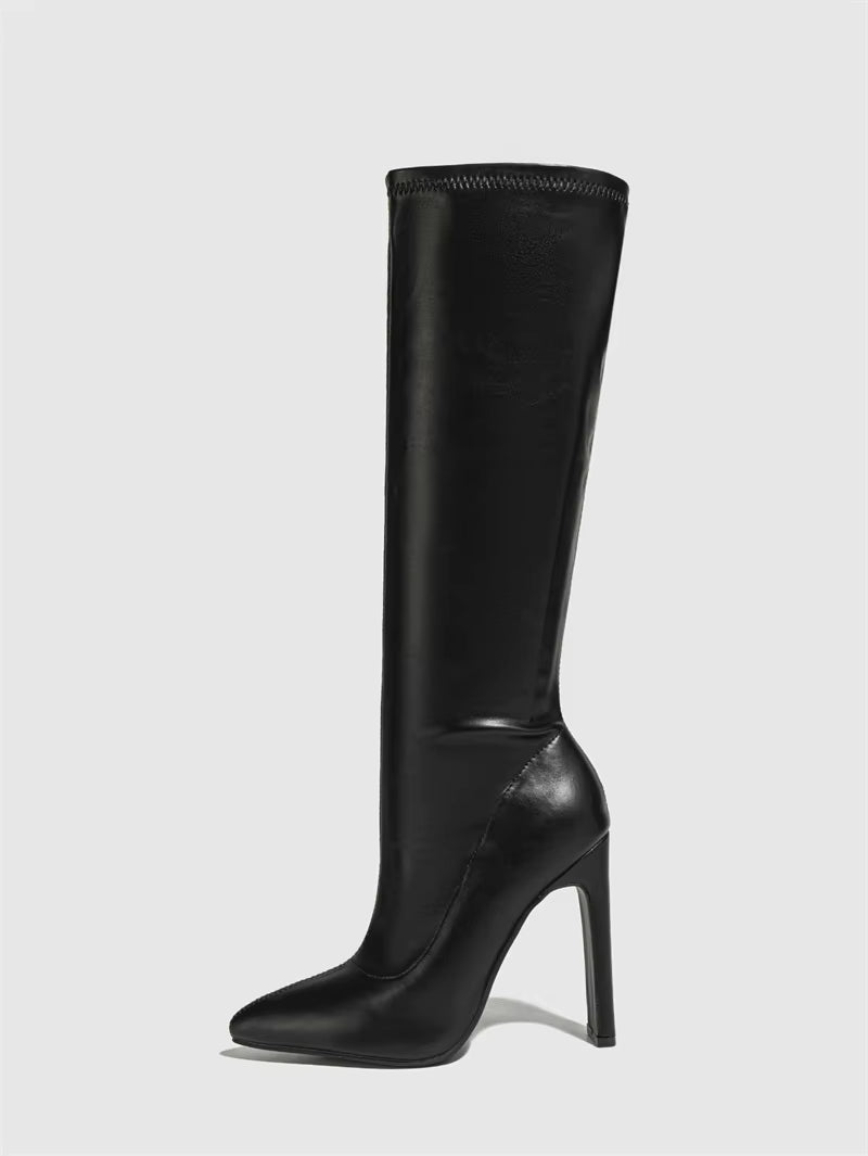 Formal Zip Cozy Leather Square Pointed Toe Knee High Boots