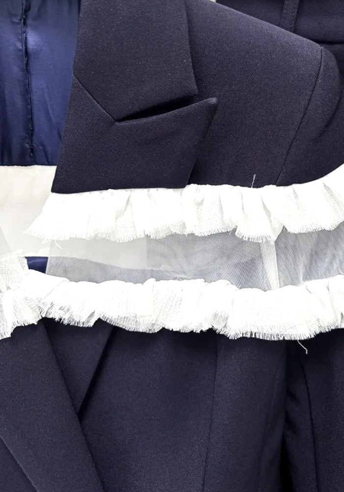 Frayed Ruffle Detail Suit Navy Blue
