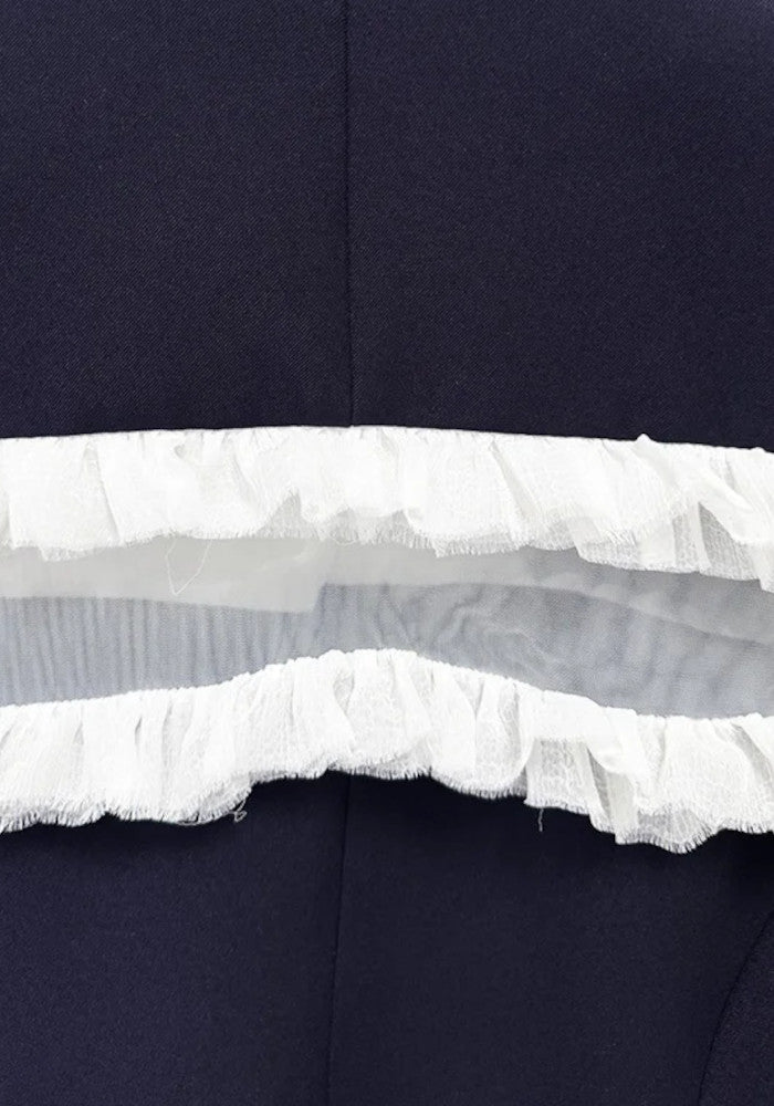 Frayed Ruffle Detail Suit Navy Blue