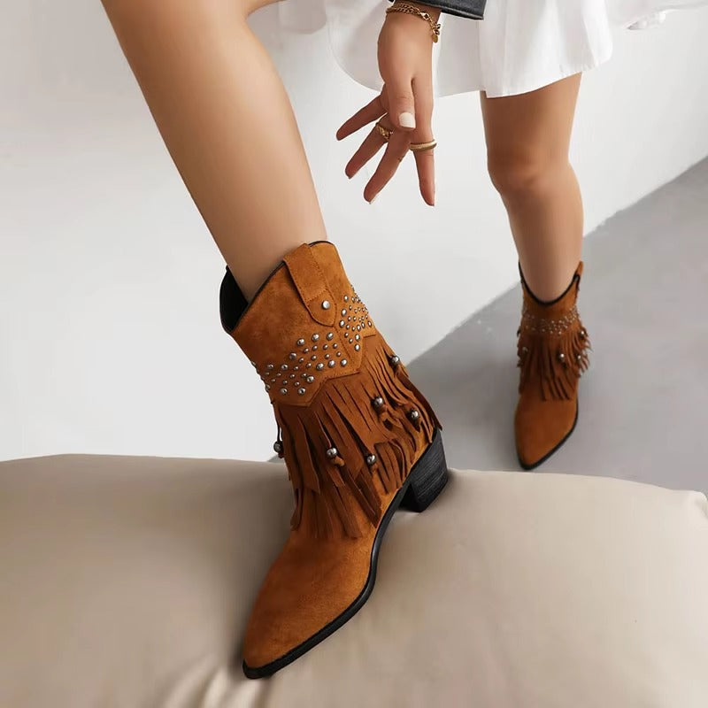 Fringe Pointed Toe Western Booties With Rivets Medium Heel Shoes